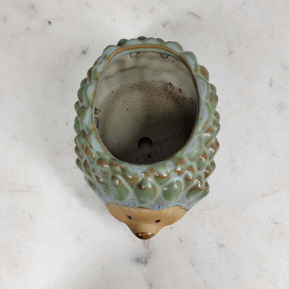Retro Hedgehog Planter Small 2.5" Green Ceramic Flower Cactus Succulent Pot - Picture 4 of 14